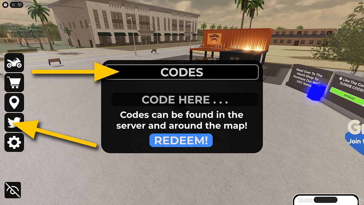 Image of the code redemption window in ThrottleX on Roblox, with arrows pointing at the Twitter icon and the code input text box.