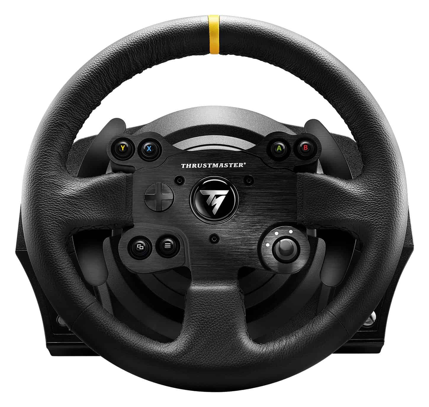 A black racing wheel embellished with yellow trim, the Thrustmaster TX RW Leather Edition.