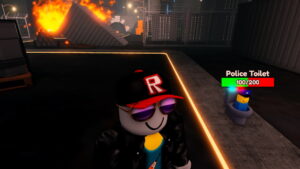 A Roblox character in Toilet Tower Defense, next a Police Toilet enemy.
