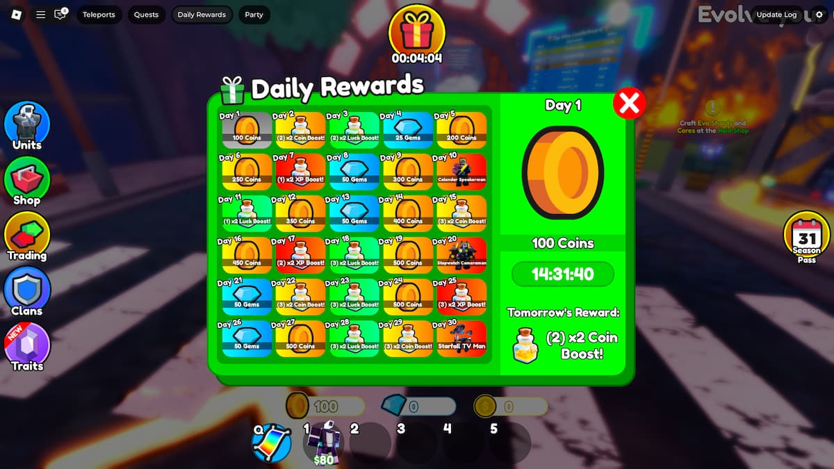 The Daily Rewards window in Toilet Tower Defense, showing all the available rewards.