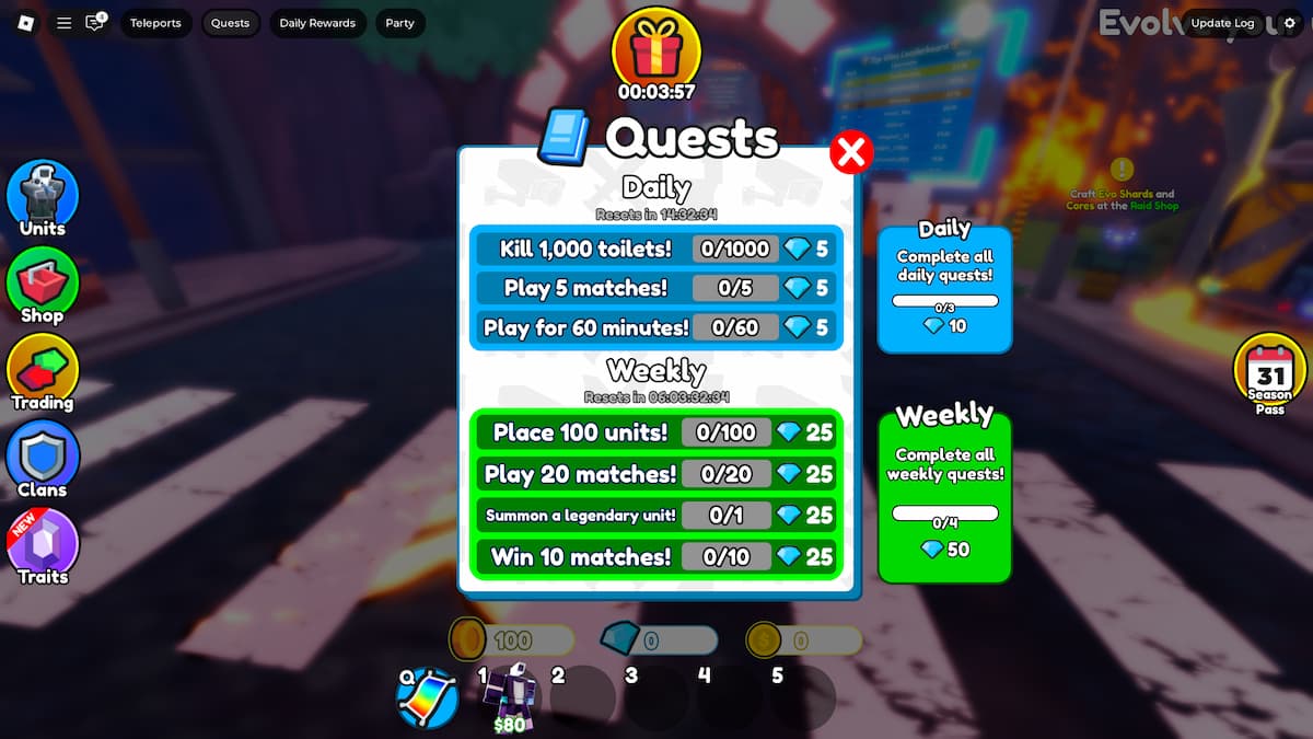 The Quests window in Toilet Tower Defense, showing all the available tasks.