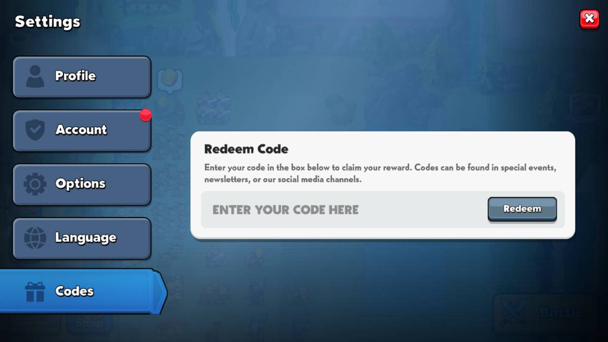 Top Troops codes: settings menu.