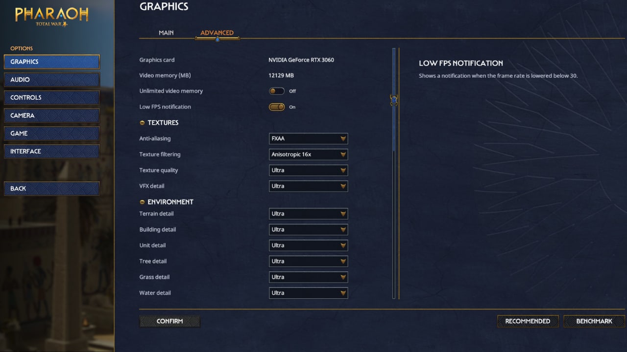 Total War Pharaoh best graphics settings: The Advanced tab under the graphics settings menu.