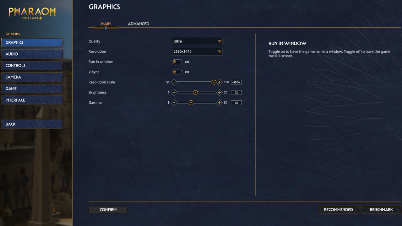 Total War Pharaoh best graphics settings: The Main tab under the graphics settings menu.