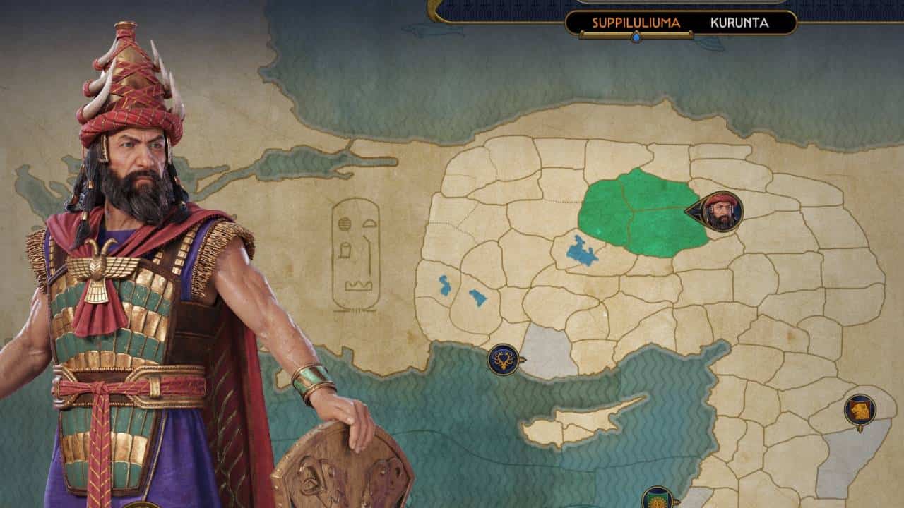 Total War Pharaoh best leaders and factions to play: The leader selection menu, currently selected on Suppiluliuma and his starting territory.