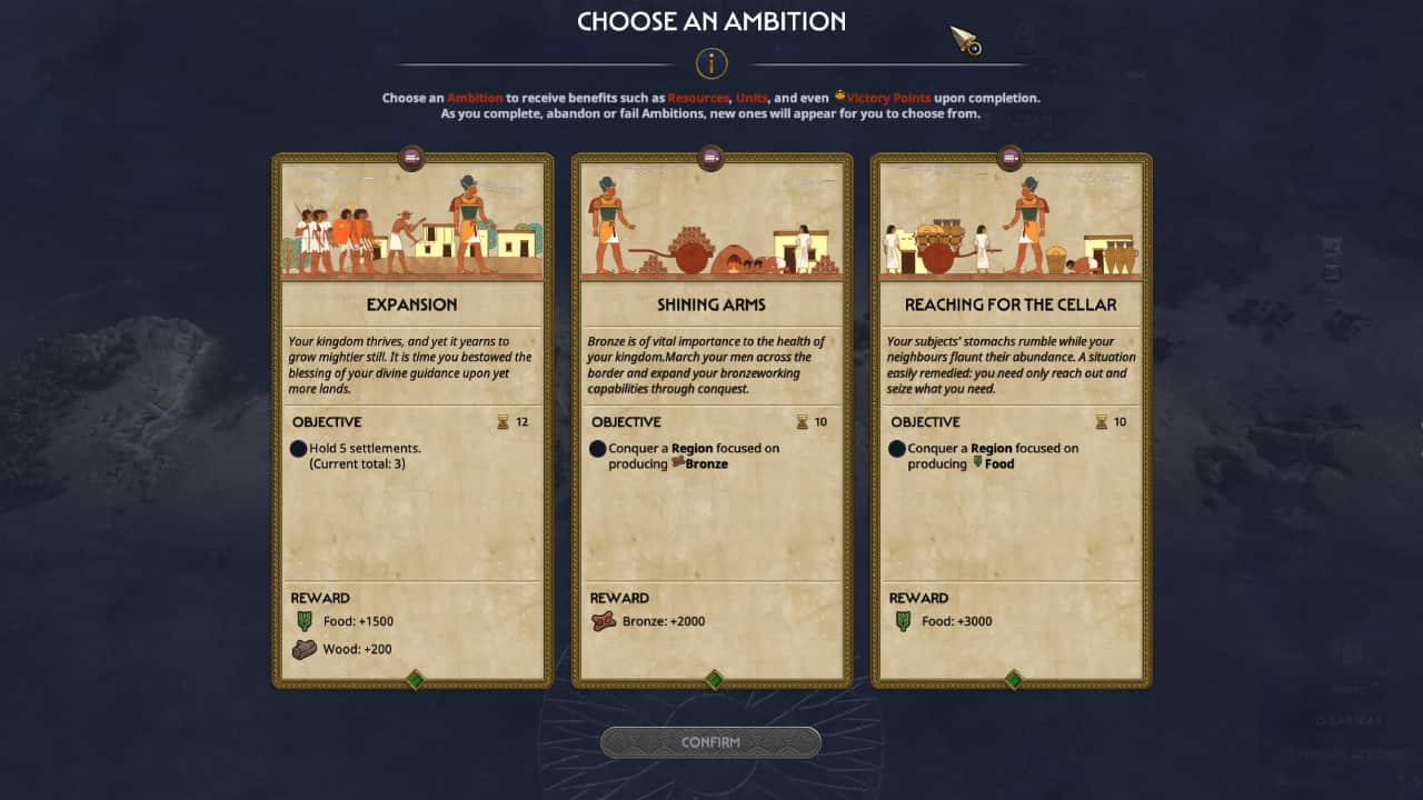 Total War Pharaoh how to get resources and best ways to build up stockpiles: The ambition menu with three ambitions to choose from.