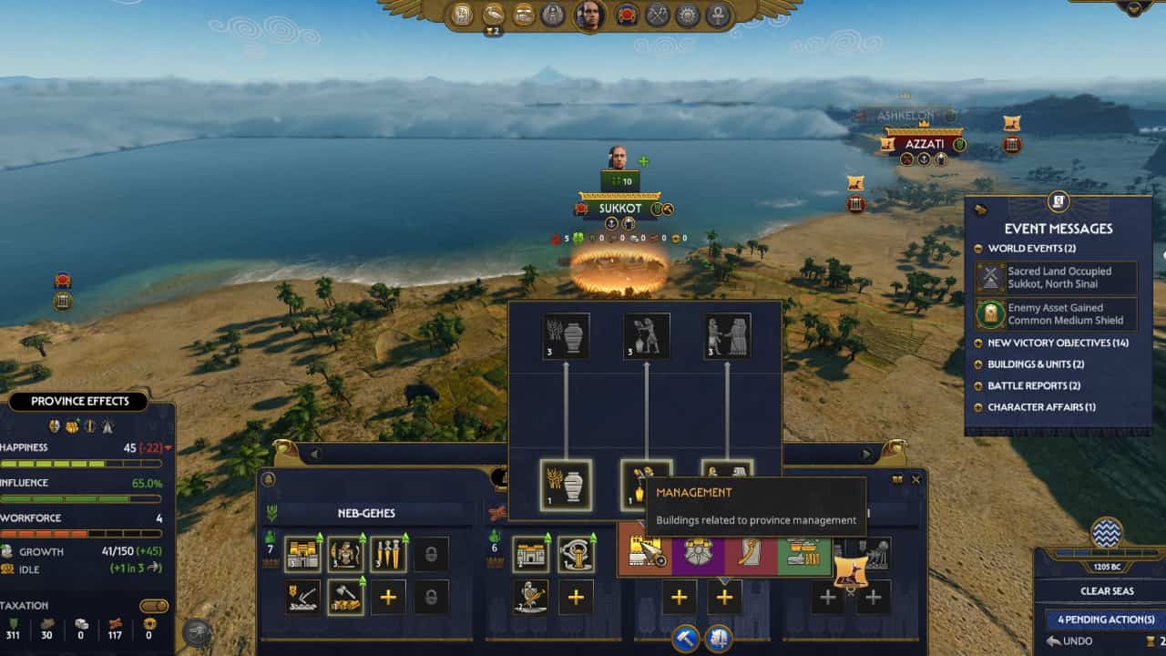 Total War Pharaoh how to get resources and best ways to build up stockpiles: A settlement development screen.