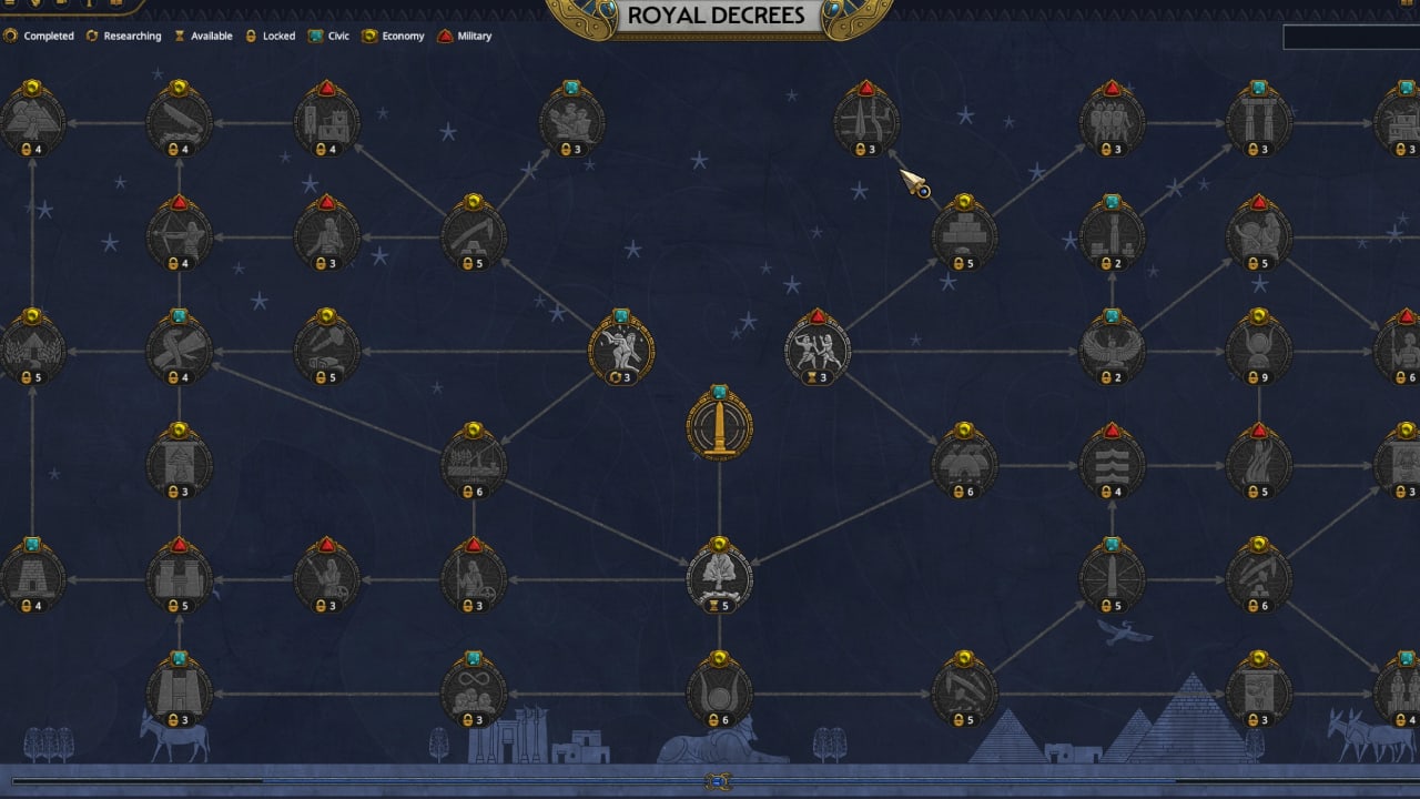 Total War Pharaoh how to get resources and best ways to build up stockpiles: The Royal Decrees tech tree.