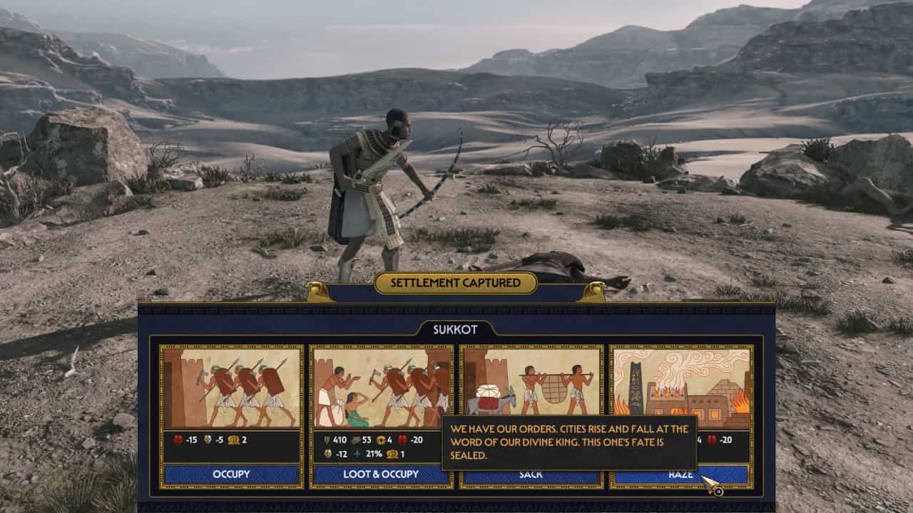 Total War Pharaoh how to get resources and best ways to build up stockpiles: The settlement capture screen and available options.