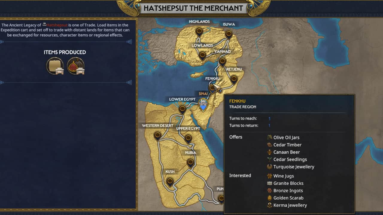 Total War Pharaoh how to get resources and best ways to build up stockpiles: The trade expedition screen.