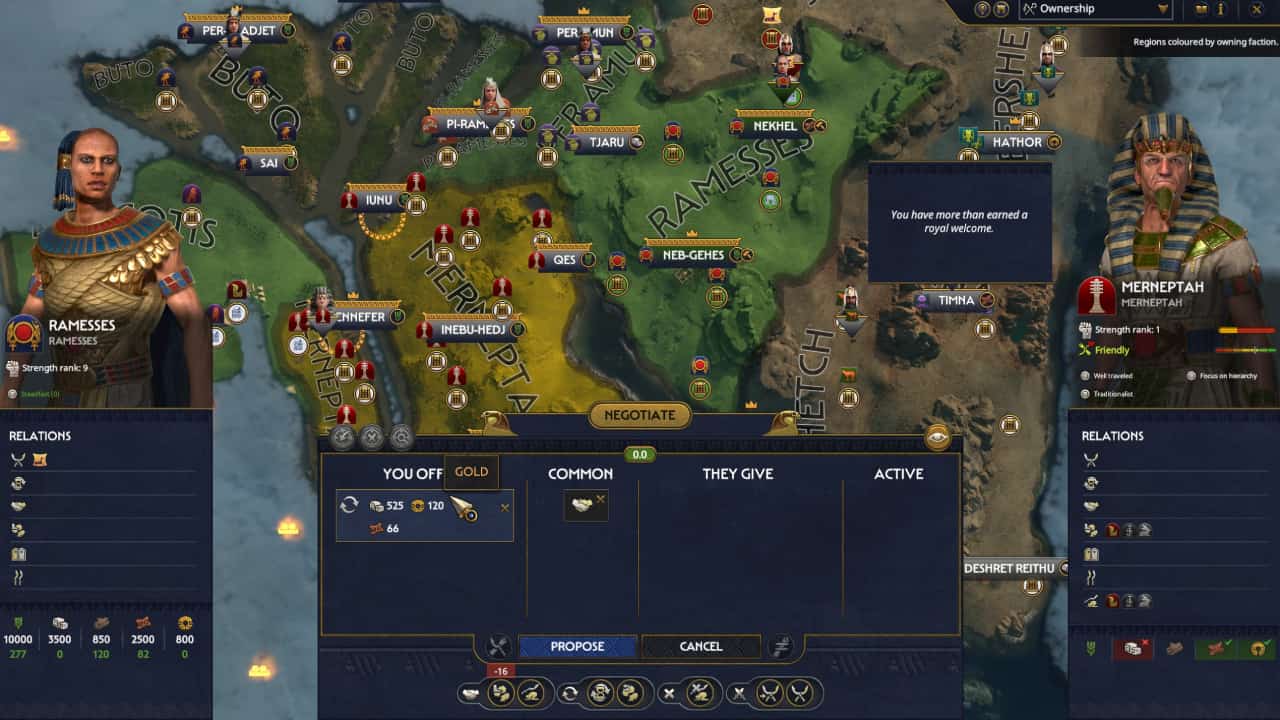 Total War Pharaoh how to get resources and best ways to build up stockpiles: A diplomatic trading screen.