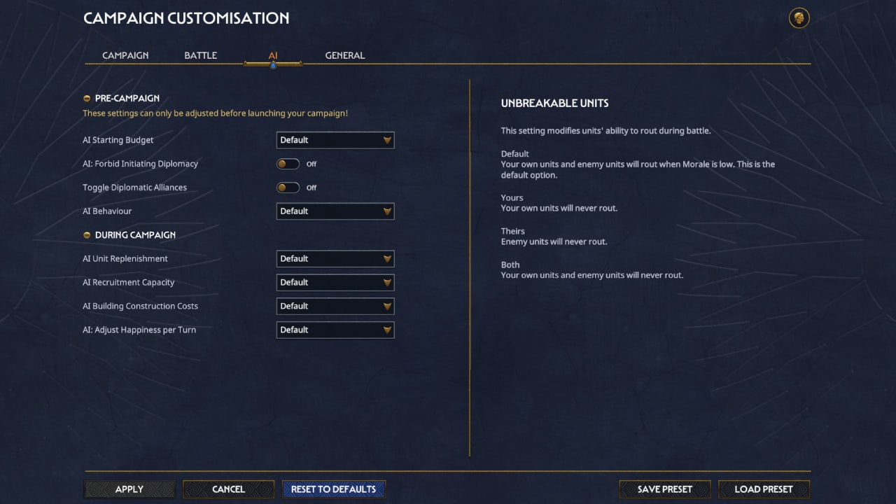 Total War Pharaoh how to start a campaign and campaign settings explained: Campaign customisation screen on the AI tab.