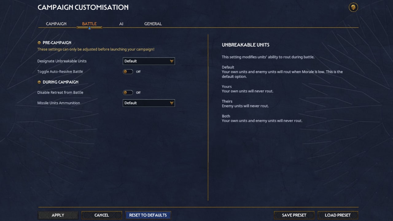 Total War Pharaoh how to start a campaign and campaign settings explained: Campaign customisation screen on the battle tab.