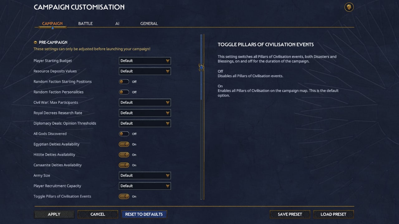 Total War Pharaoh how to start a campaign and campaign settings explained: Campaign customisation screen on the campaign tab.
