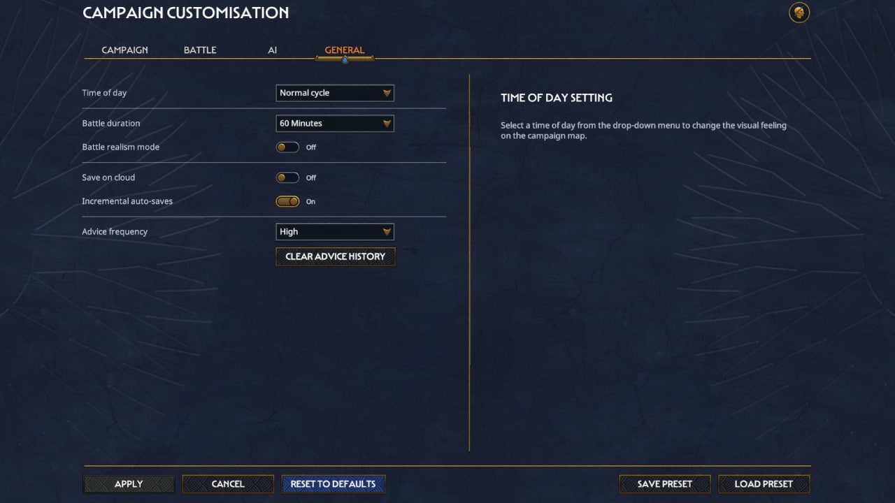Total War Pharaoh how to start a campaign and campaign settings explained: Campaign customisation screen on the general tab.