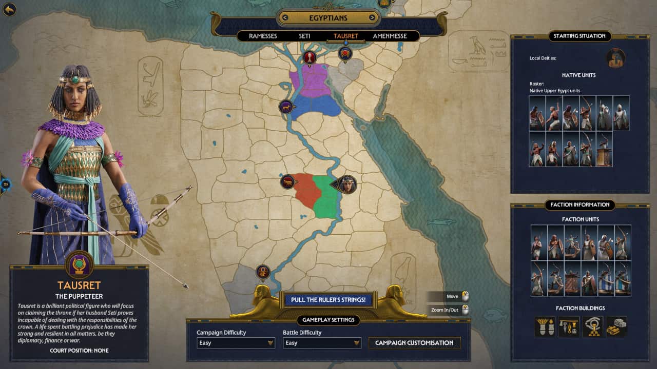 Total War Pharaoh how to start a campaign and campaign settings explained: The Leader selection screen, currently selected on Egyptian leader Tausret.