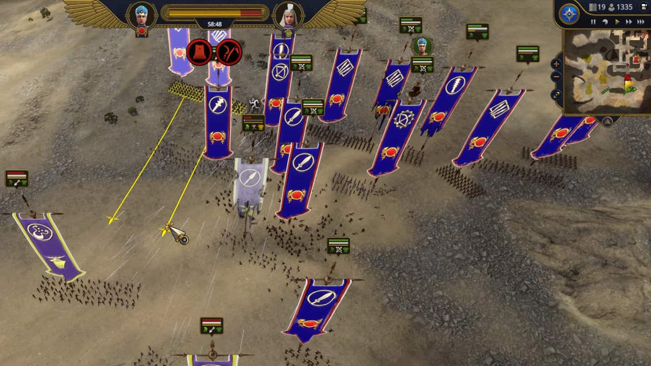 Total War Pharaoh how to win battles and control units: Units are ordered to charge downhill at a vulnerable enemy.