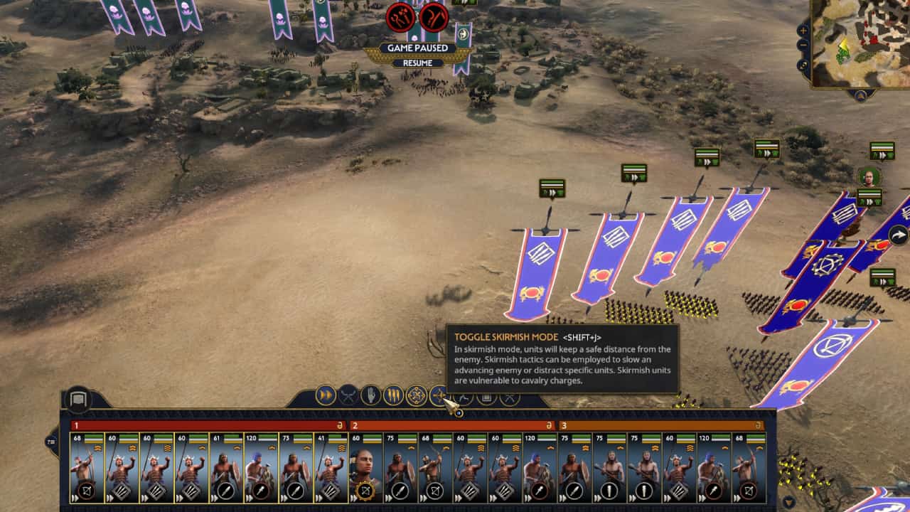 Total War Pharaoh how to win battles and control units: Skirmish formation toggle button highlighted on the unit menu bar.