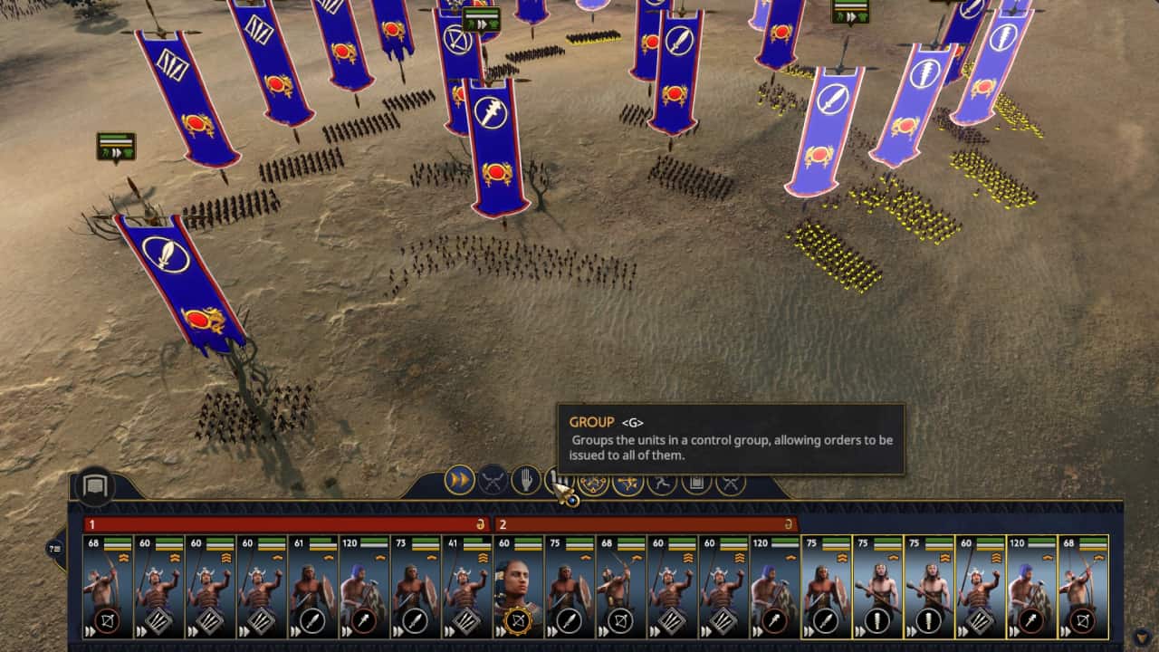 Total War Pharaoh how to win battles and control units: Grouping button highlighted on the unit menu bar.