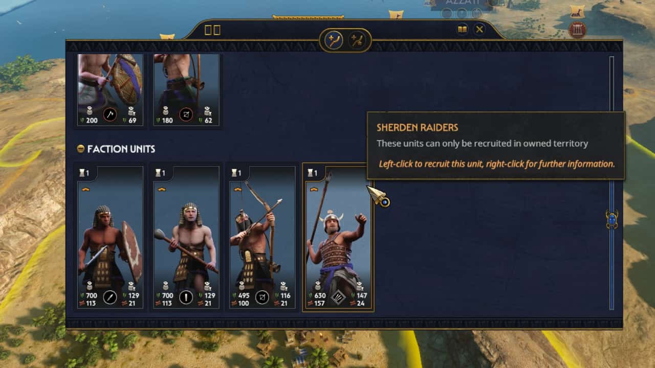 Total War Pharaoh how to win battles and control units: Army unit recruitment screen.