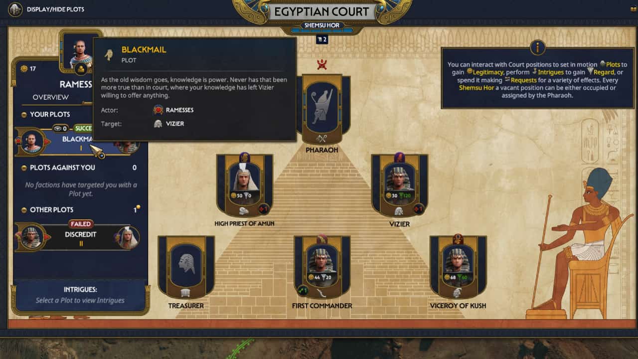 Total War Pharaoh how to win civil wars: The Egyptian Royal Court screen, with a description of a blackmail plot highlighted.