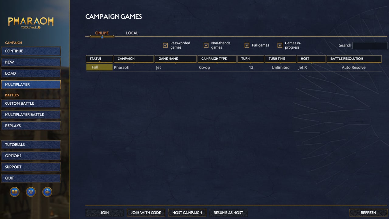 Does Total War Pharaoh have multiplayer: The main multiplayer campaign menu.