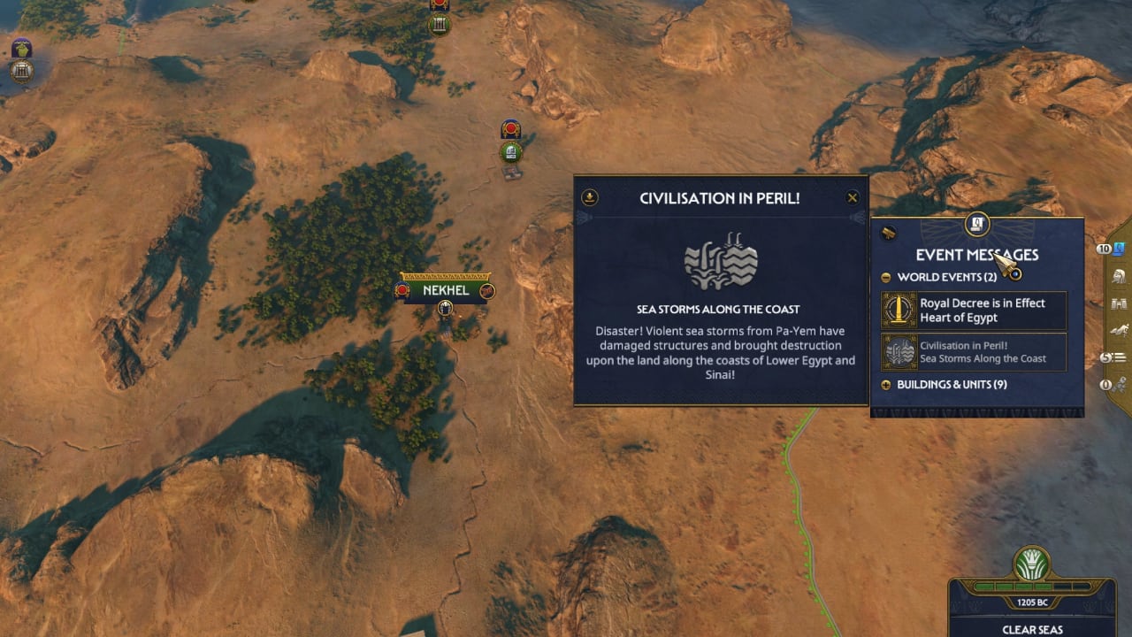Total War Pharaoh Pillars of Civilisation explained and how to beat the Sea Peoples: A warning on the event screen informs about a nearby natural disaster.
