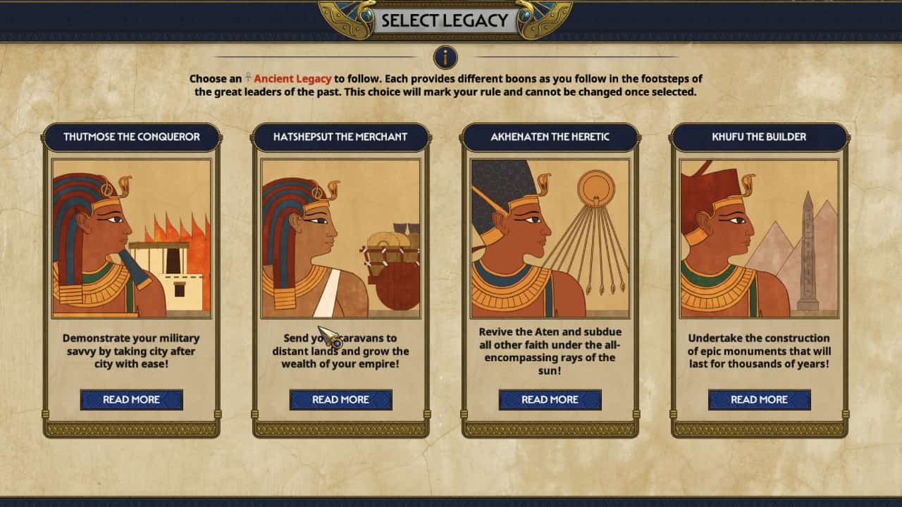 Total War Pharaoh tips and tricks to help you beat the game: The ancient legacy selection menu.