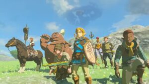 Tears of the Kingdom cast: Link wielding a sword, surrounded by humans, a Gerudo, and a Goron.