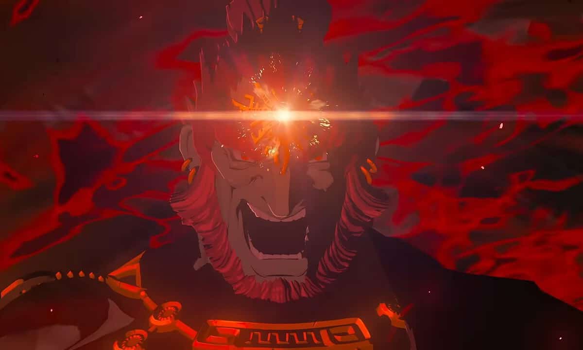 Tears of the Kingdom cast: A close-up of Ganondorf with a glowing spot on his forehead, surrounded by red energy.