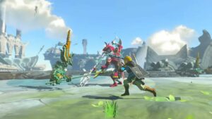 Tears of the Kingdom armour: Link and Sidon fighting a construct.