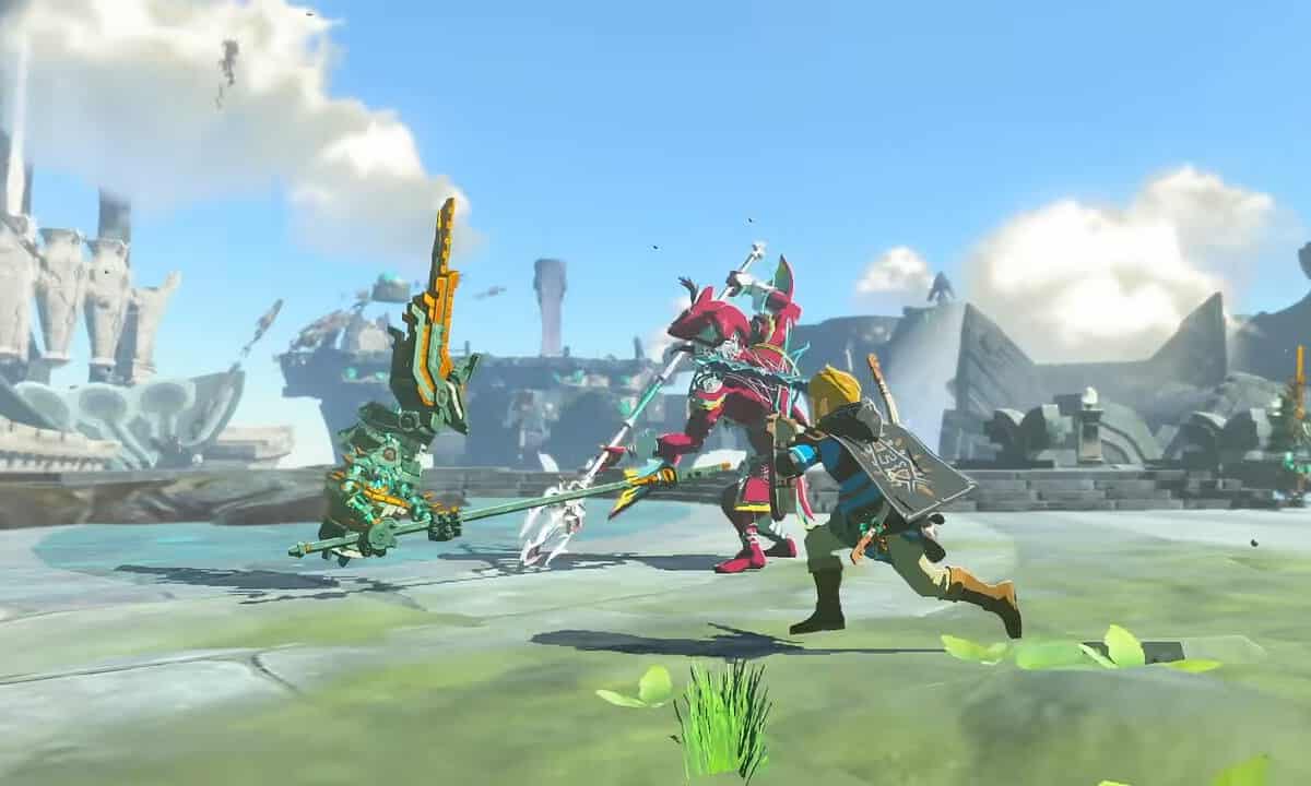 Tears of the Kingdom cast: Link and Sidon fighting together against a construct.