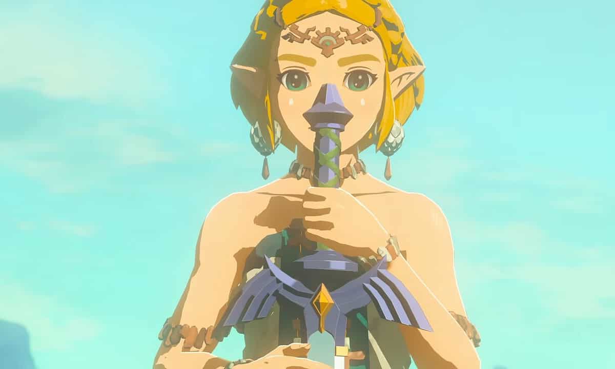 Tears of the Kingdom DLC: Zelda holding the Master Sword with a blue sky in the background.