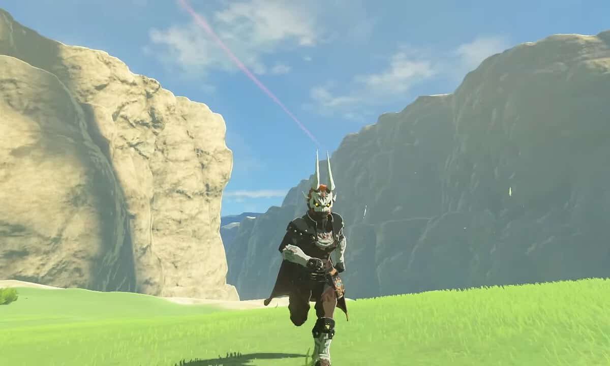 Tears of the Kingdom DLC: Link wearing armour based on Ganondorf with mountains in the background.