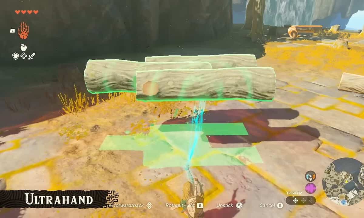 Tears of the Kingdom Ultrahand: Link using Ultrahand to lift a makeshift raft into the air.