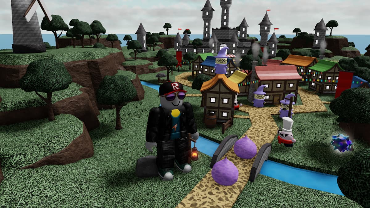 A Roblox character in Tower Heroes standing in a tiny village.