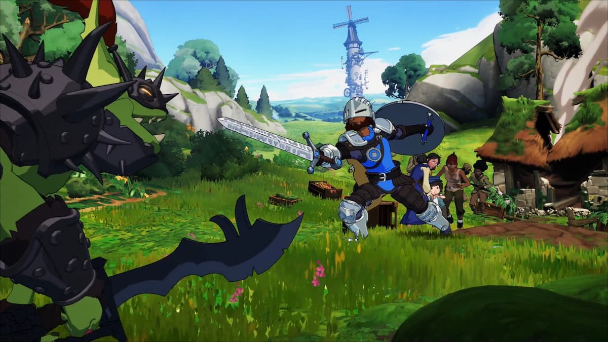 Image of an Ace defender, protecting villagers from a monster in Towerborne.
