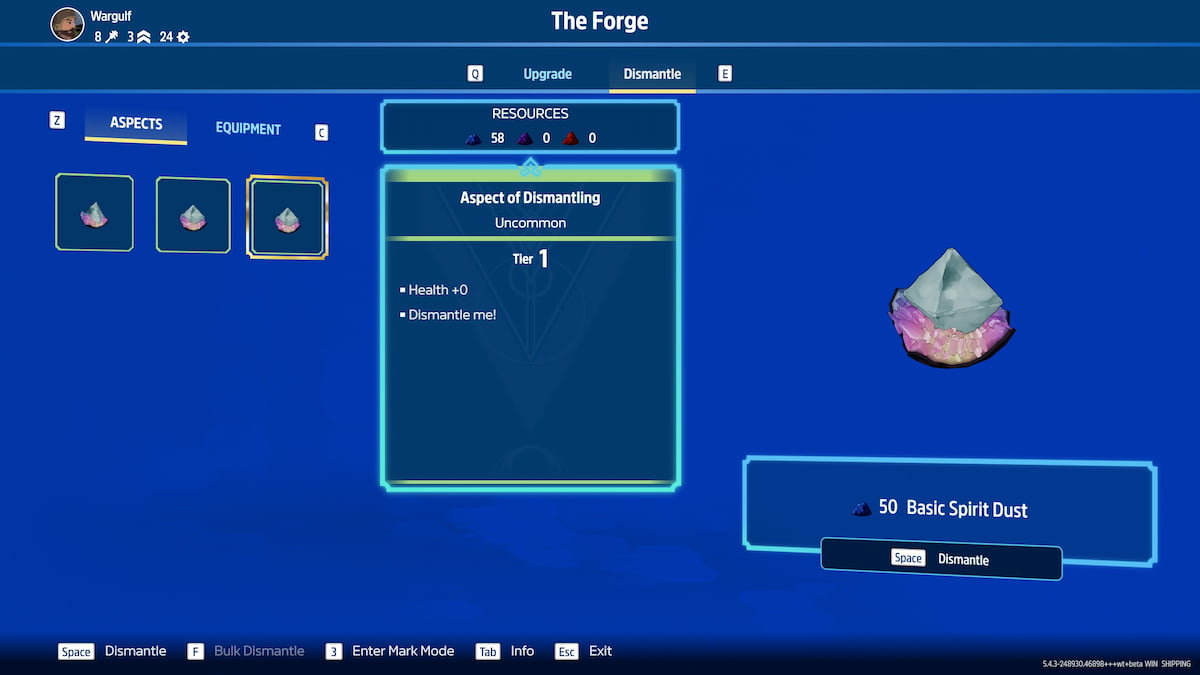 Image of the dismantle screen at the Forge in Towerborn, showing the Aspect of Dismantling item.