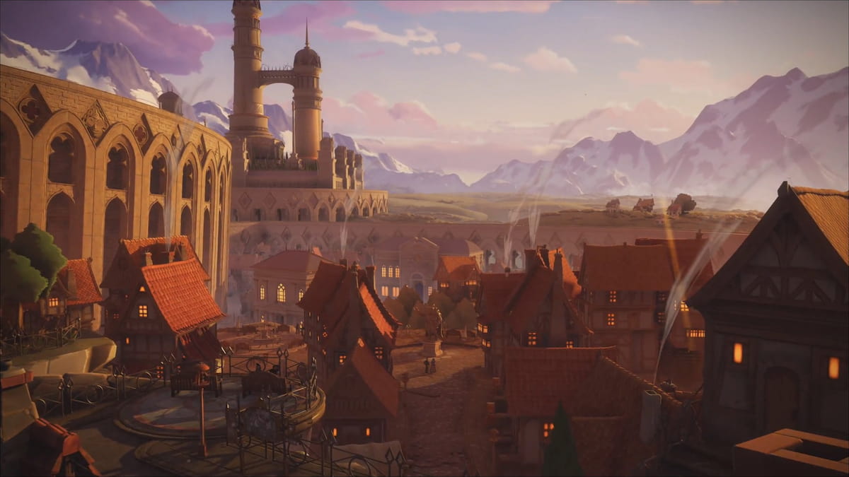 Image of a large fantasy city from the cinematic intro to Towerborne.
