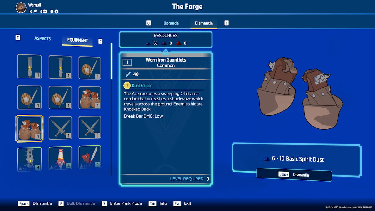 Image of the dismantle screen at the Forge in Towerborn, showing an item waiting to be dismantled.