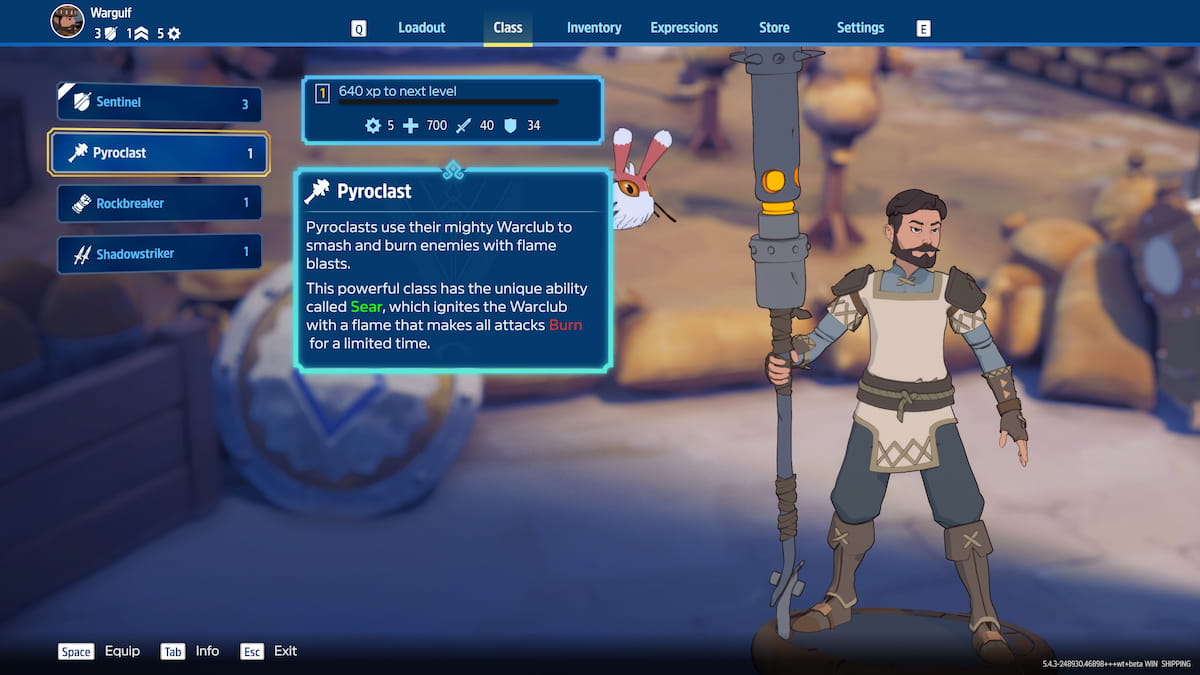 Image of the Pyroclast class screen in Towerborne.