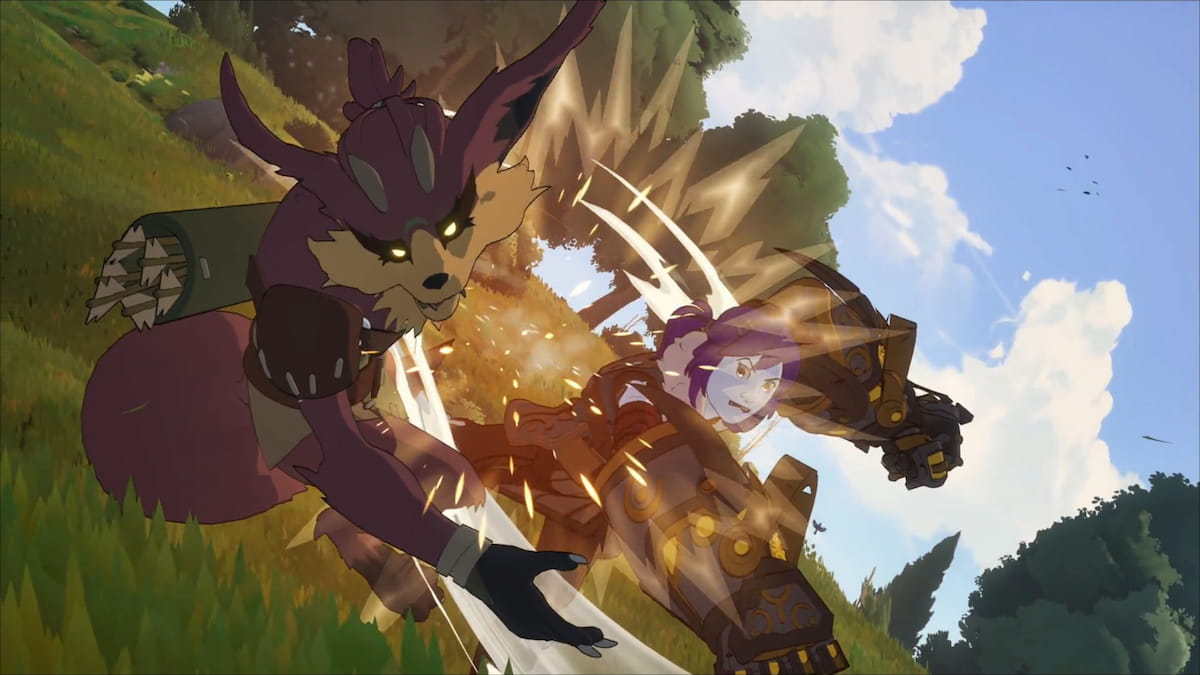 Image of a cinematic scene in Towerborne in which a Rockbreaker Ace punches a monster enemy.