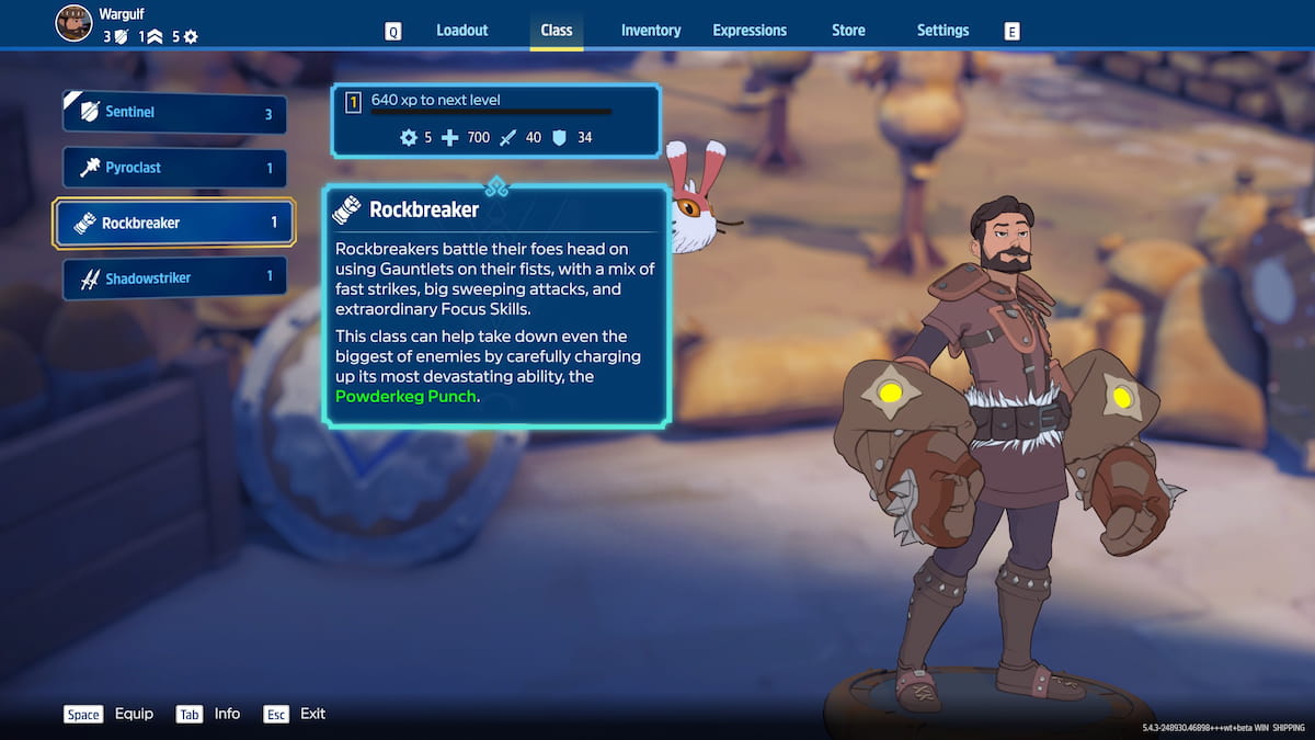Image of the Rockbreaker class screen in Towerborne.