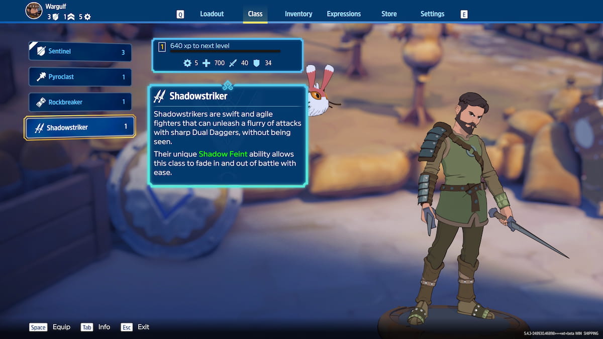 Image of the Shadowstriker class screen in Towerborne.