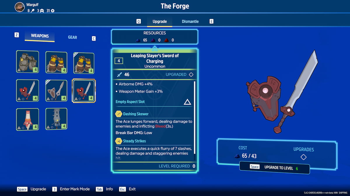 Image of the upgrade item screen at the Forge in Towerborne.