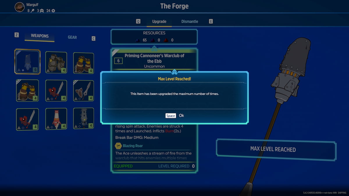 Image of the upgrade item screen at the Forge in Towerborne, with an item on max level.