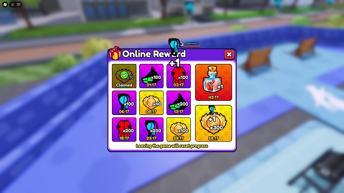 Image of the Online Rewards window in Train Dog to Fight on Roblox.