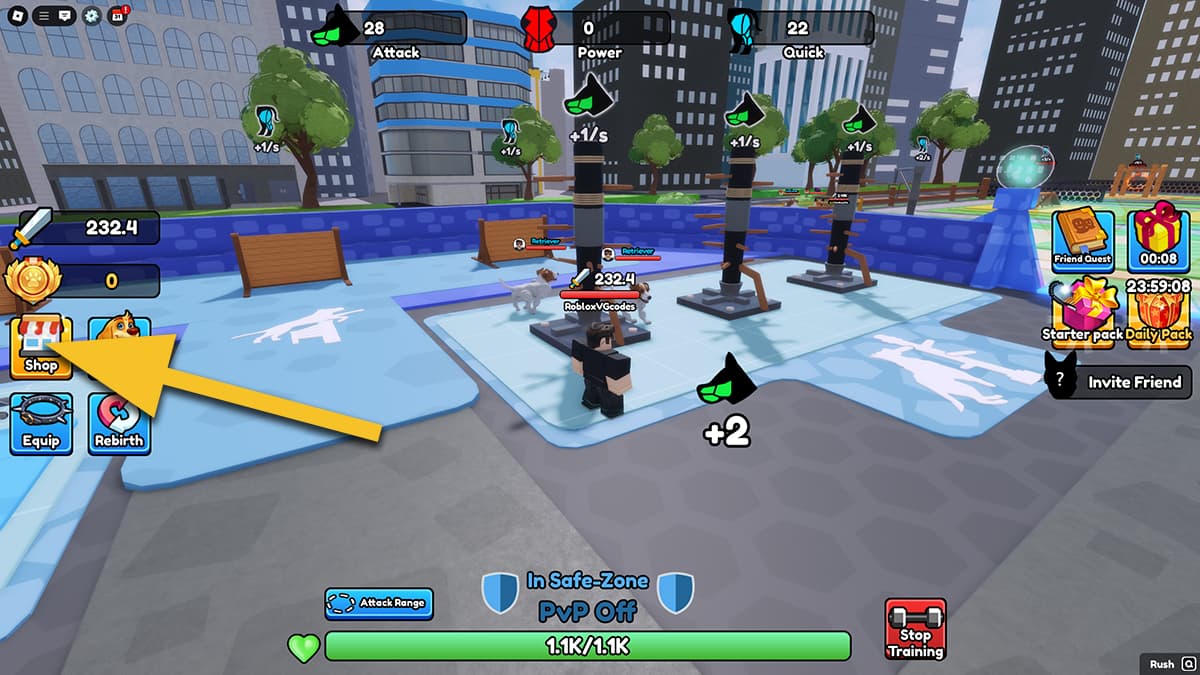 Image of the player in Train Dog to Fight on Roblox, with an arrow pointing at the Shop icon.