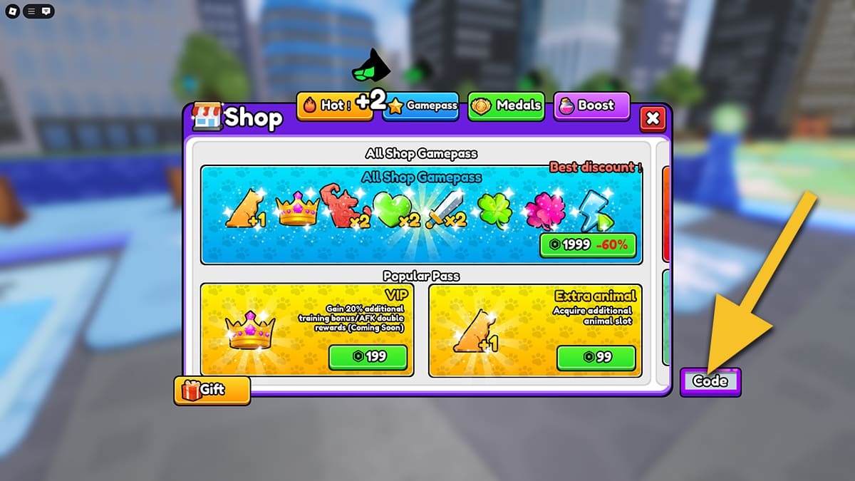 Image of the Shop window in Train Dog to Fight on Roblox, with an arrow pointing at the Code button.