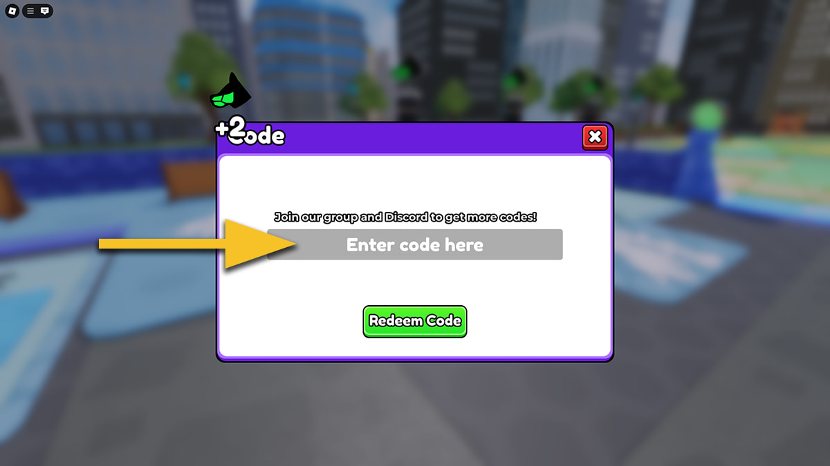 Image of the code redemption window in Train Dog to Fight on Roblox, with an arrow pointing at the text input box.